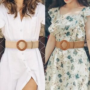 2Pcs Set Buckle Braided Straw Belts
